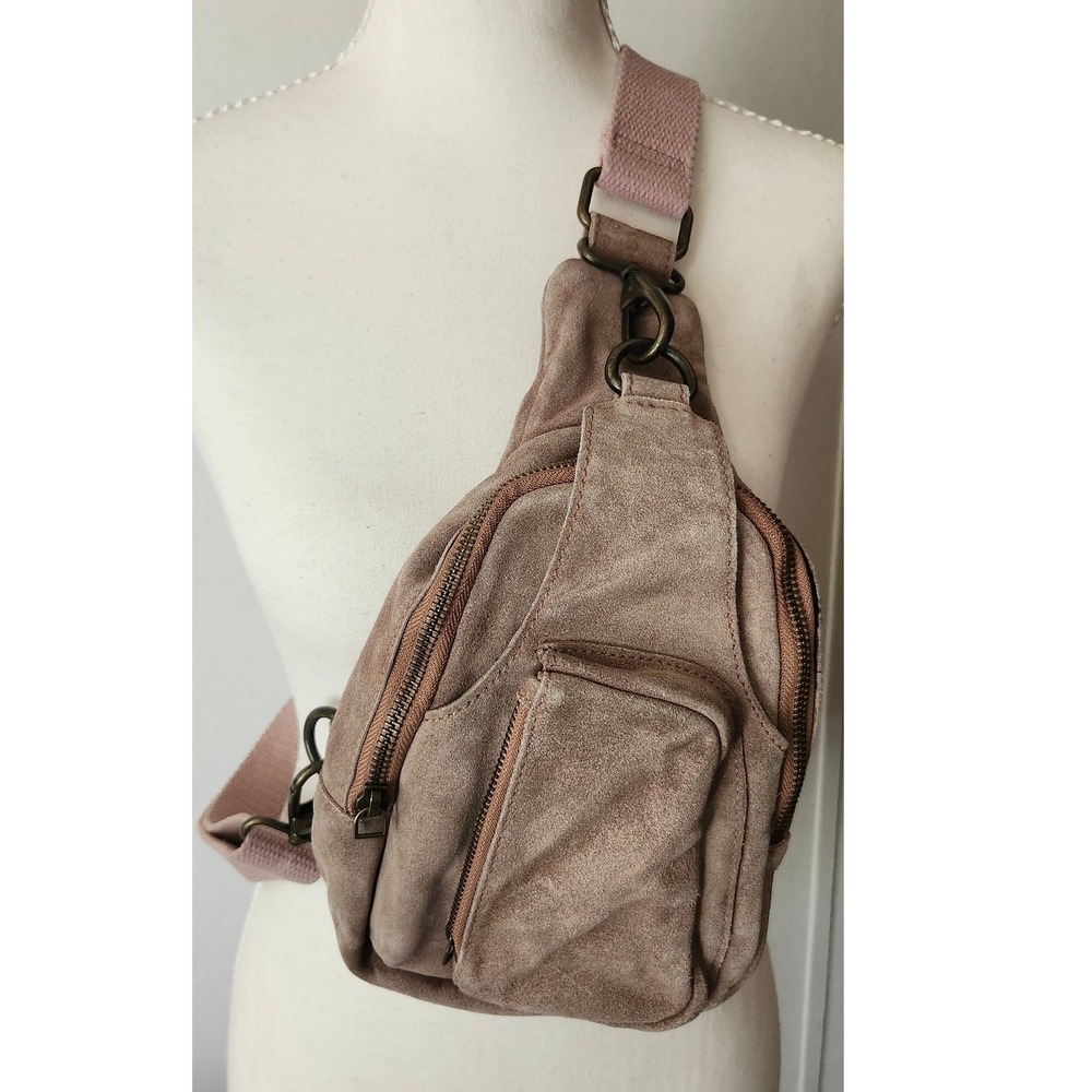 Free People Hudson Suede Sling Bag Mauve Taupe Leather Crossbody Backpack